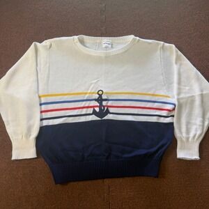 Vintage‎ Aileen II Nautical Anchor Stripe Knit Sweater Navy White Red Yellow 44